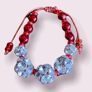 Red & Silver Tone Bead Pave Crystal Ball Bracelet